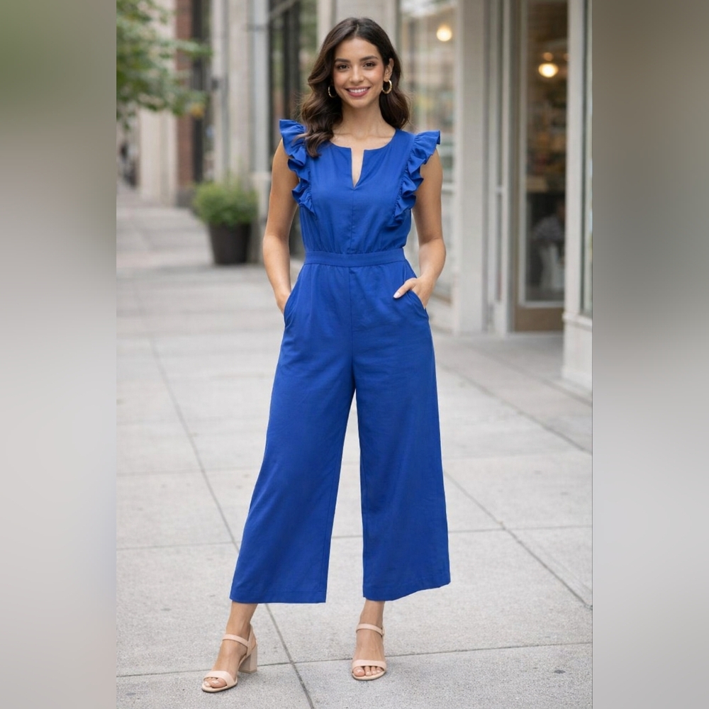Tahari Blue jumpsuit romper with Sleeveless romantic ruffles Size SMALL
